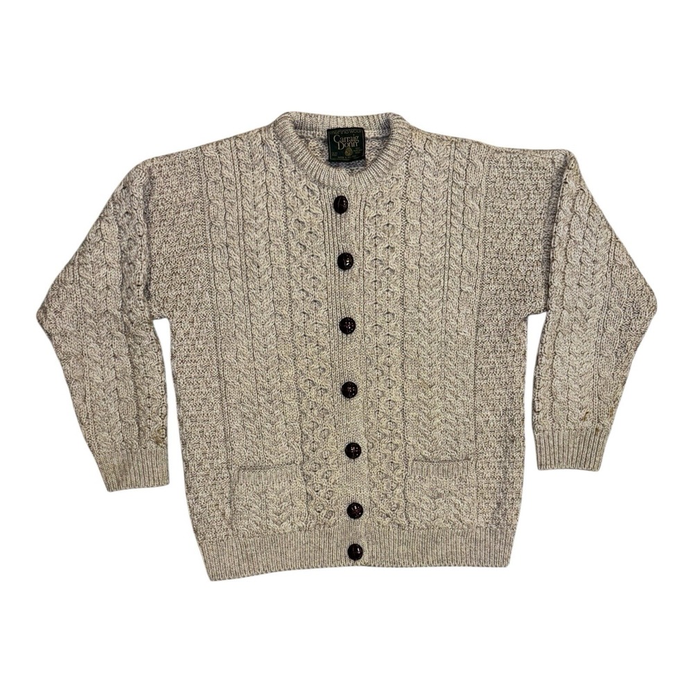 VTG Carraig Donn Womens Beige Cable Knit Cardigan 100% Merino Wool Size Large